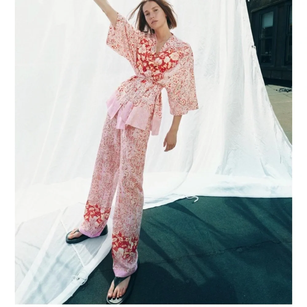 Zara Linen Blend Wide Leg Printed Pants